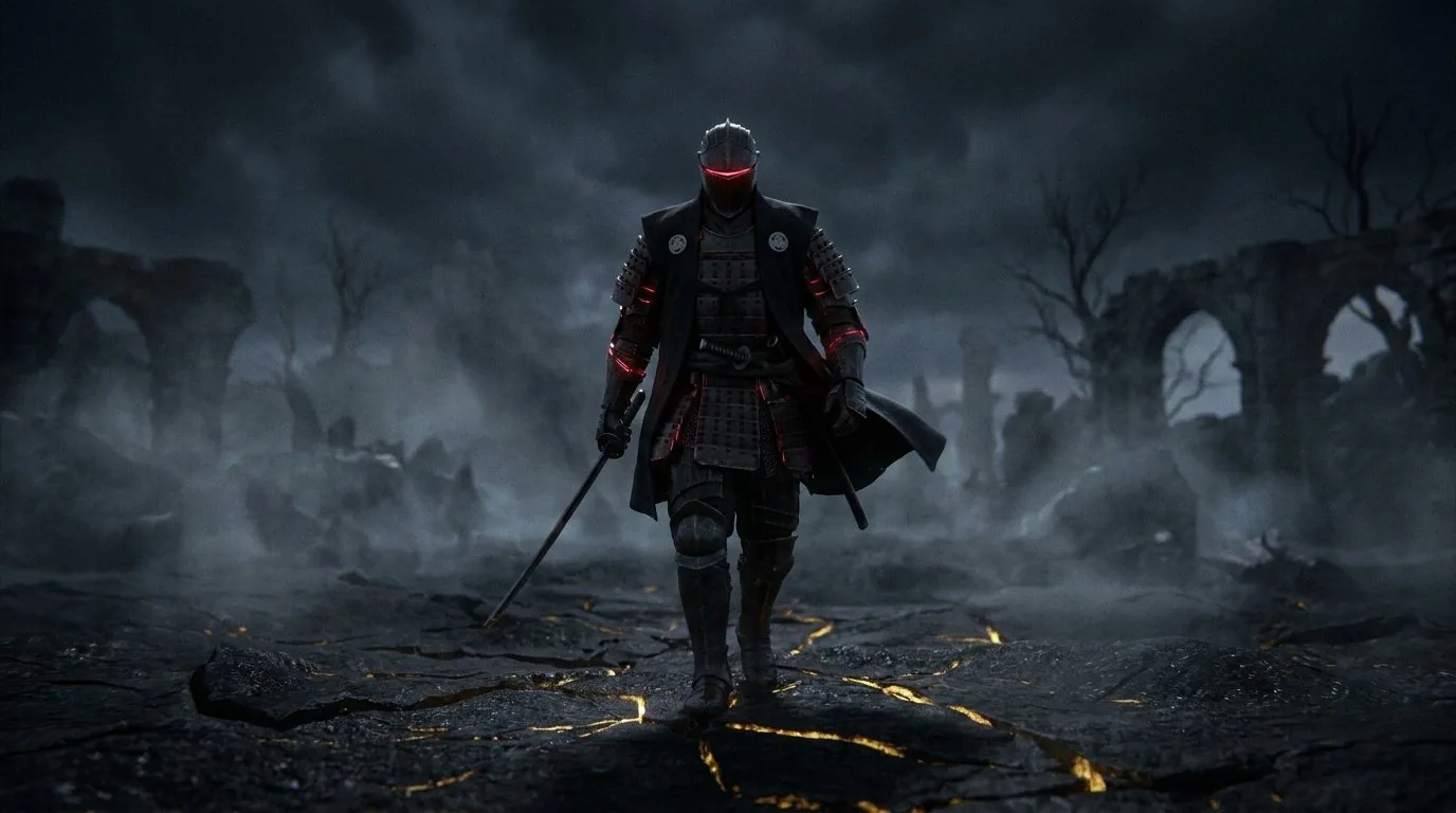 A Swoobz knight walks through ruins at night